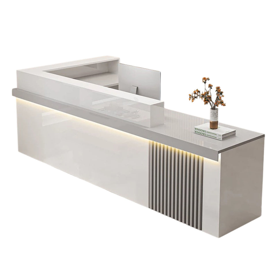 Modern Reception Desk with Dual-level Countertop, Wooden Slat Design, Cable Grommet & Lockable Storage Cabinet for Retail & Hospitality Spaces (47–157" L)