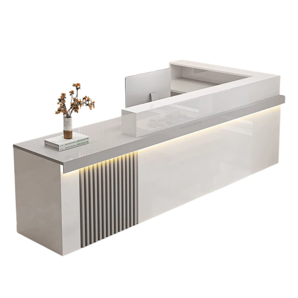 Modern Reception Desk with Dual-level Countertop, Wooden Slat Design, Cable Grommet & Lockable Storage Cabinet for Retail & Hospitality Spaces (47–157" L)