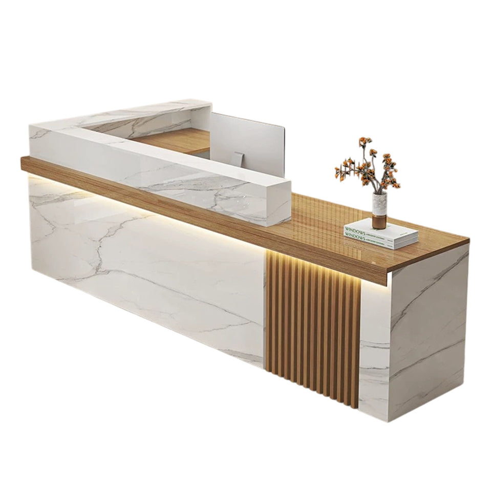 Modern Reception Desk with Dual-level Countertop, Wooden Slat Design, Cable Grommet & Lockable Storage Cabinet for Retail & Hospitality Spaces (47–157" L)