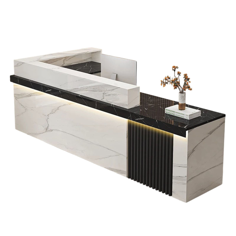 Modern Reception Desk with Dual-level Countertop, Wooden Slat Design, Cable Grommet & Lockable Storage Cabinet for Retail & Hospitality Spaces (47–157" L)