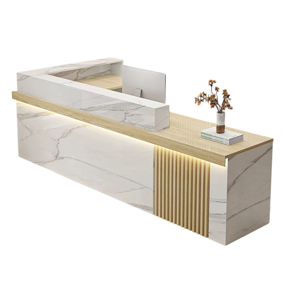 Modern Reception Desk with Dual-level Countertop, Wooden Slat Design, Cable Grommet & Lockable Storage Cabinet for Retail & Hospitality Spaces (47–157" L)