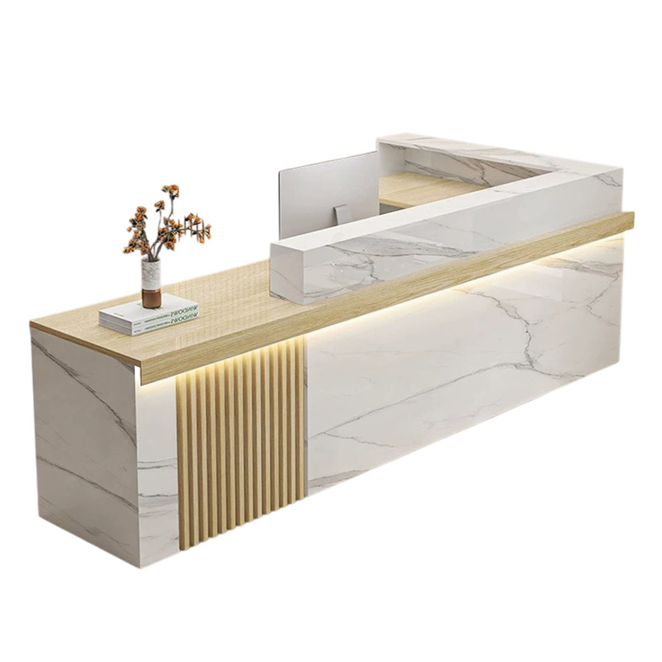 Modern Reception Desk with Dual-level Countertop, Wooden Slat Design, Cable Grommet & Lockable Storage Cabinet for Retail & Hospitality Spaces (47–157" L)