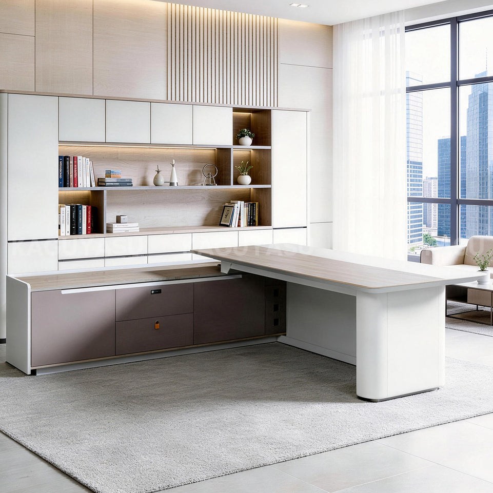 L-Shaped Executive Desk with Cable Management, Dual-Tone & LED Lighting for Home Office