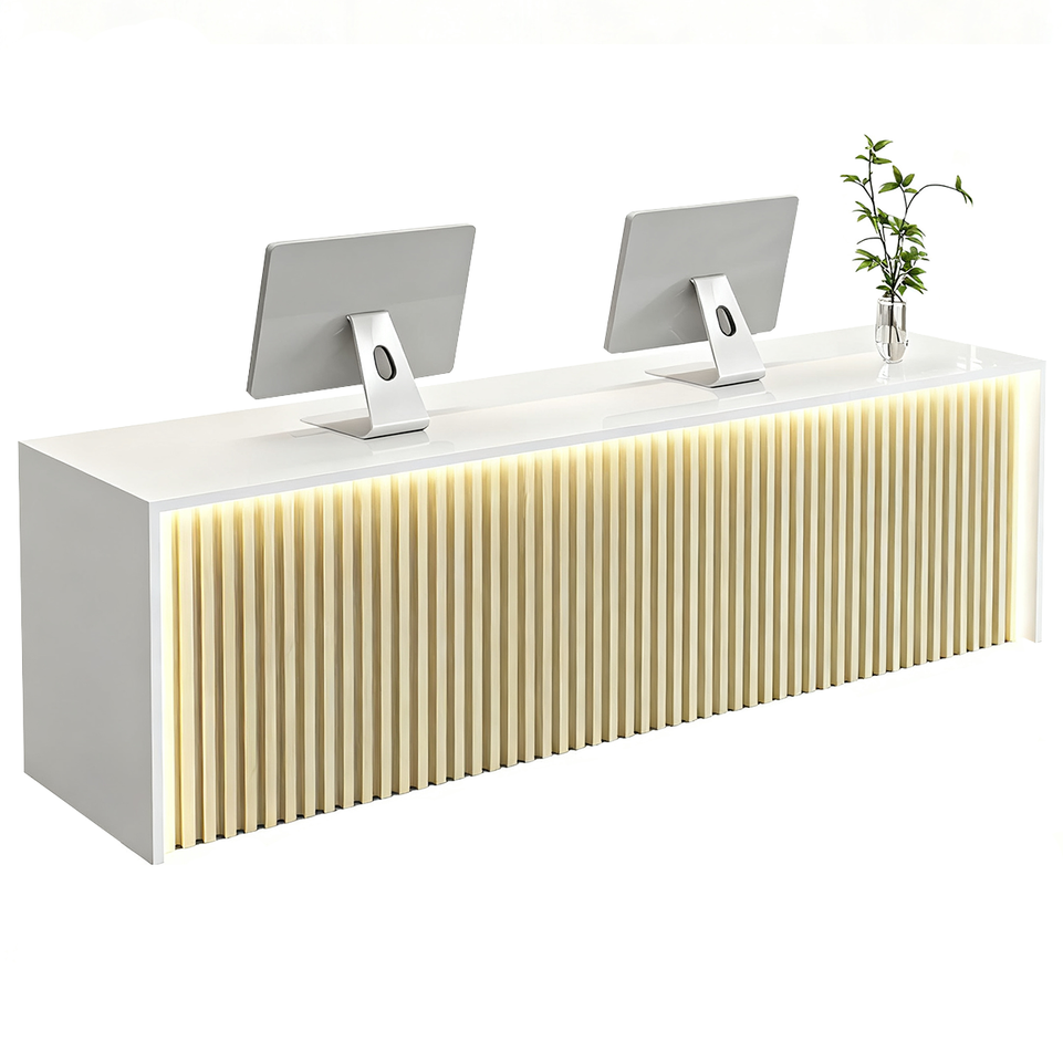 Modern Wood Slat Reception Desk with Lockable Storage and Keyboard Tray JDT-2307
