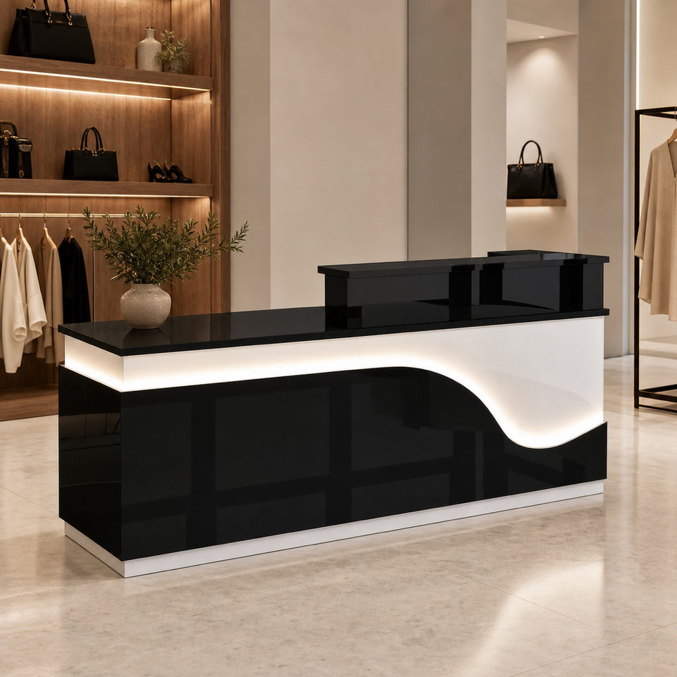 Stylish Reception Desk with Dual-level Countertop, LED Ambient Lighting, Cable Grommet & Lockable Storage Drawer for Commercial Spaces (47–118" L)
