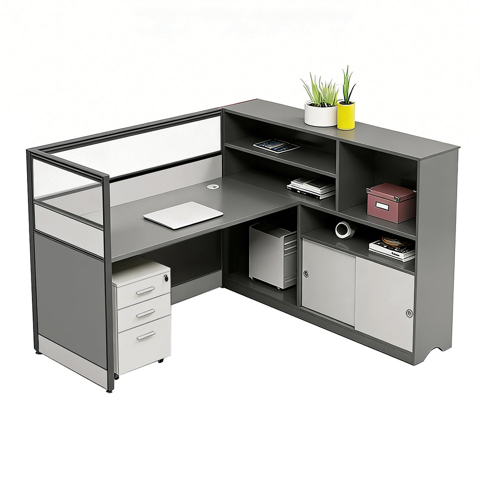 Office Workstation Desk with Privacy Panel, Cable Management & Mobile Pedestal