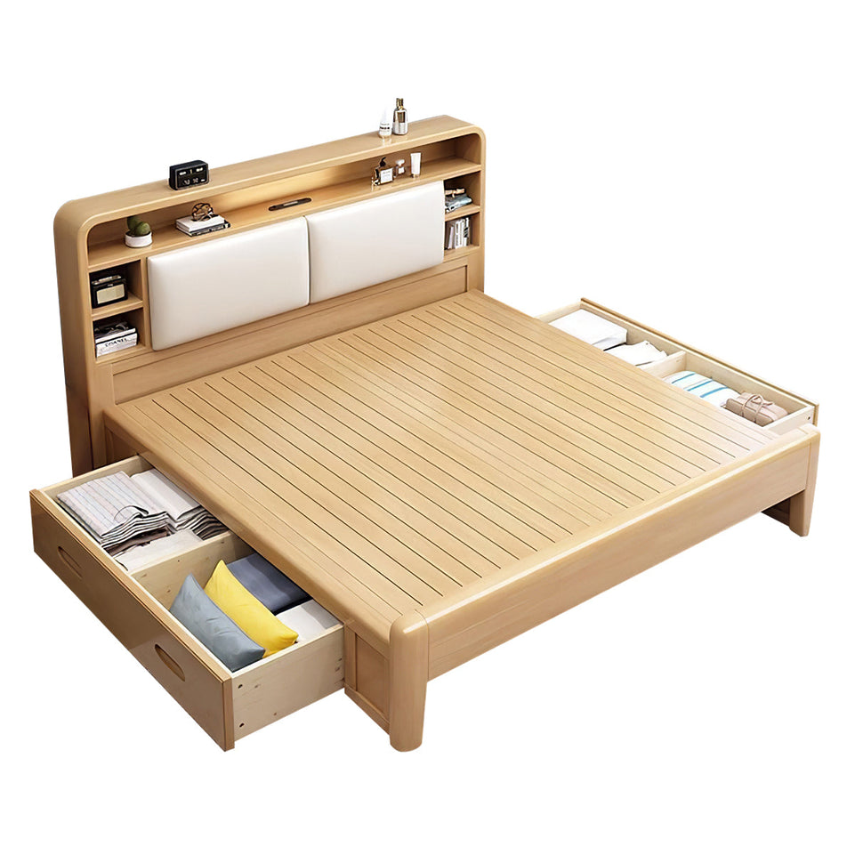 Solid Wood Bedroom Queen Bed with Storage Headboard (In Stock)