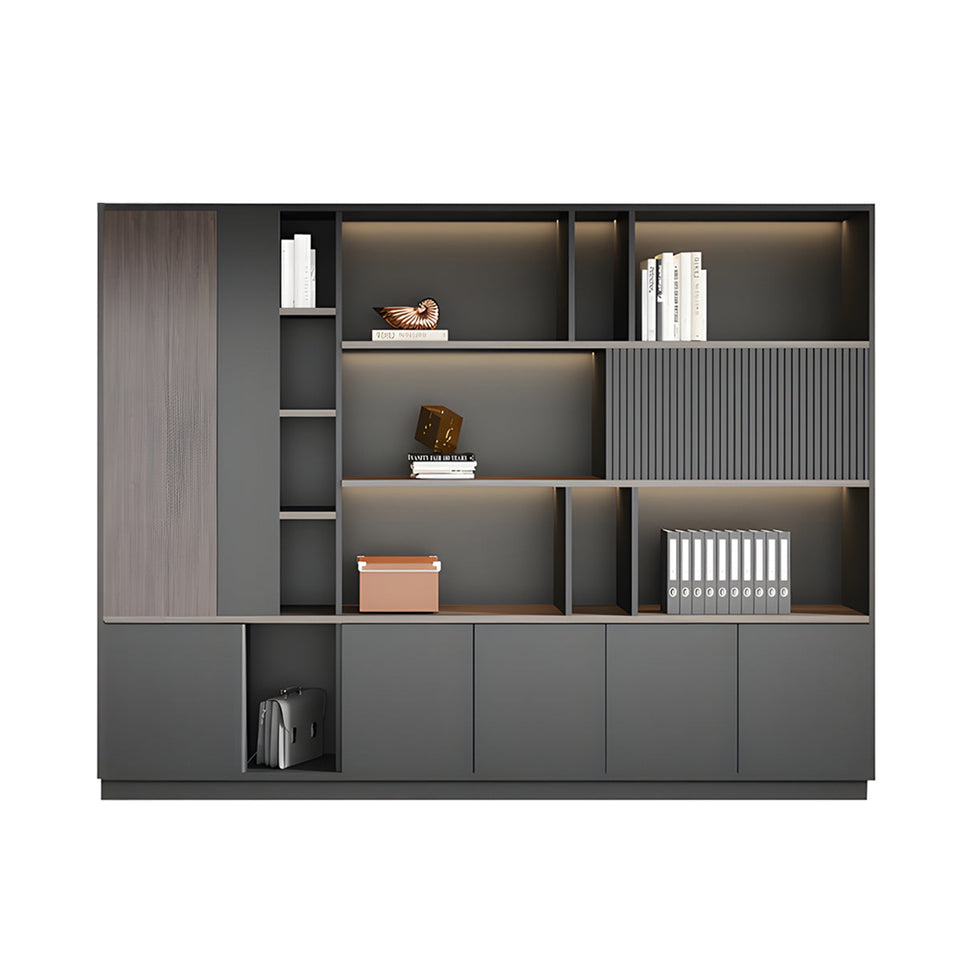 Storage Cabinet, Dark Wood-Toned With LED Strip, Dark Wood-Toned finish, L94" x W16" x H79", for office storage space, office storage furniture