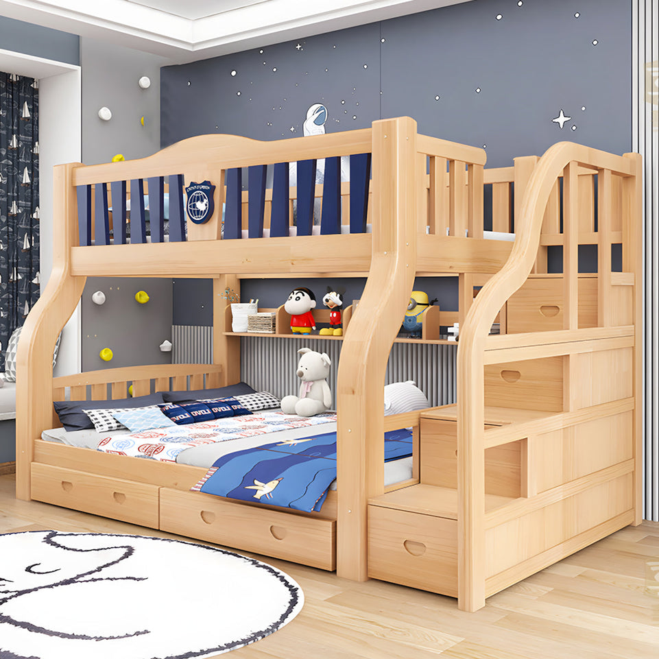 Solid Wood Kids' Natural Color Bunk Bed with Built-in Bookshelf(Stock Items) (In Stock)