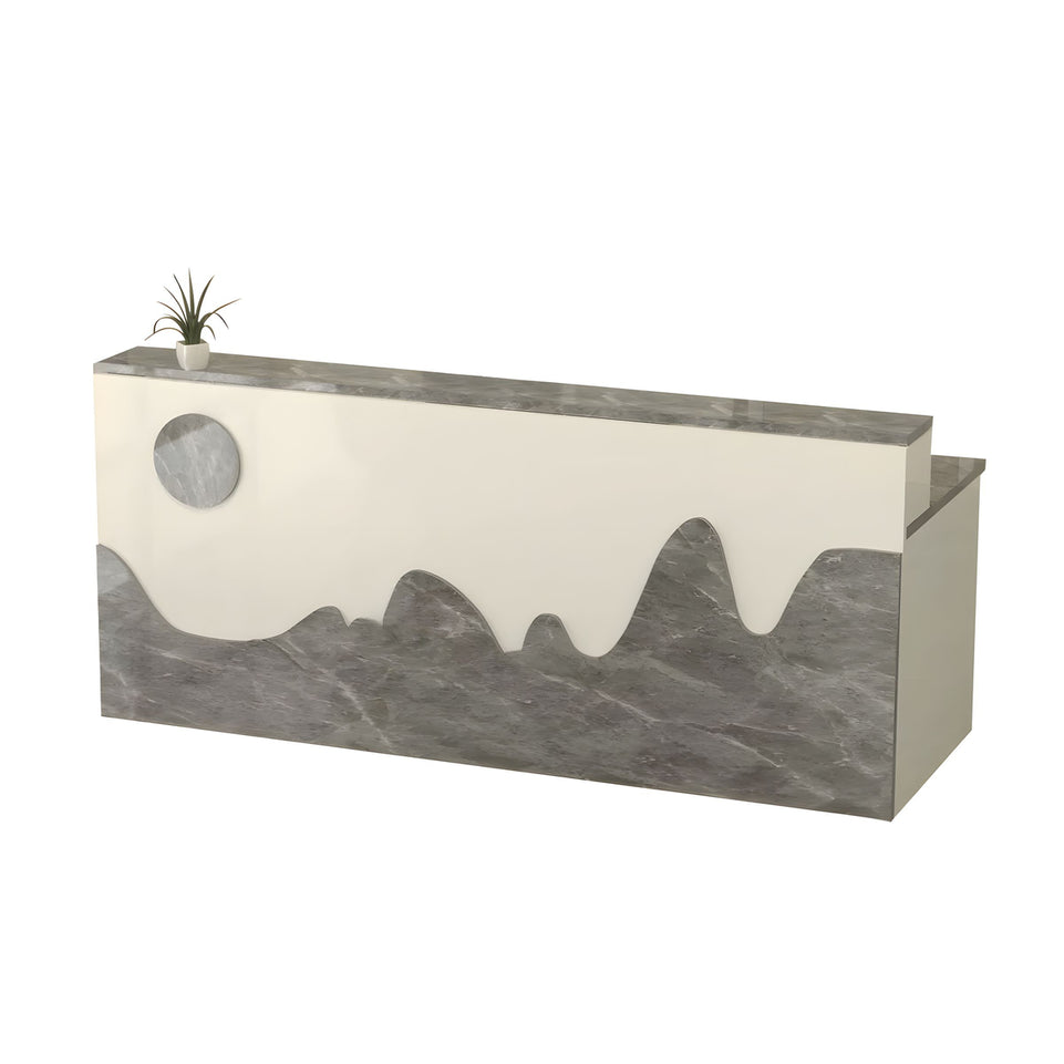 Mountain Pattern Straight Front Desk with Double-Tiered Countertop and Keyboard Tray for Offices and Lobbies JDT-10141