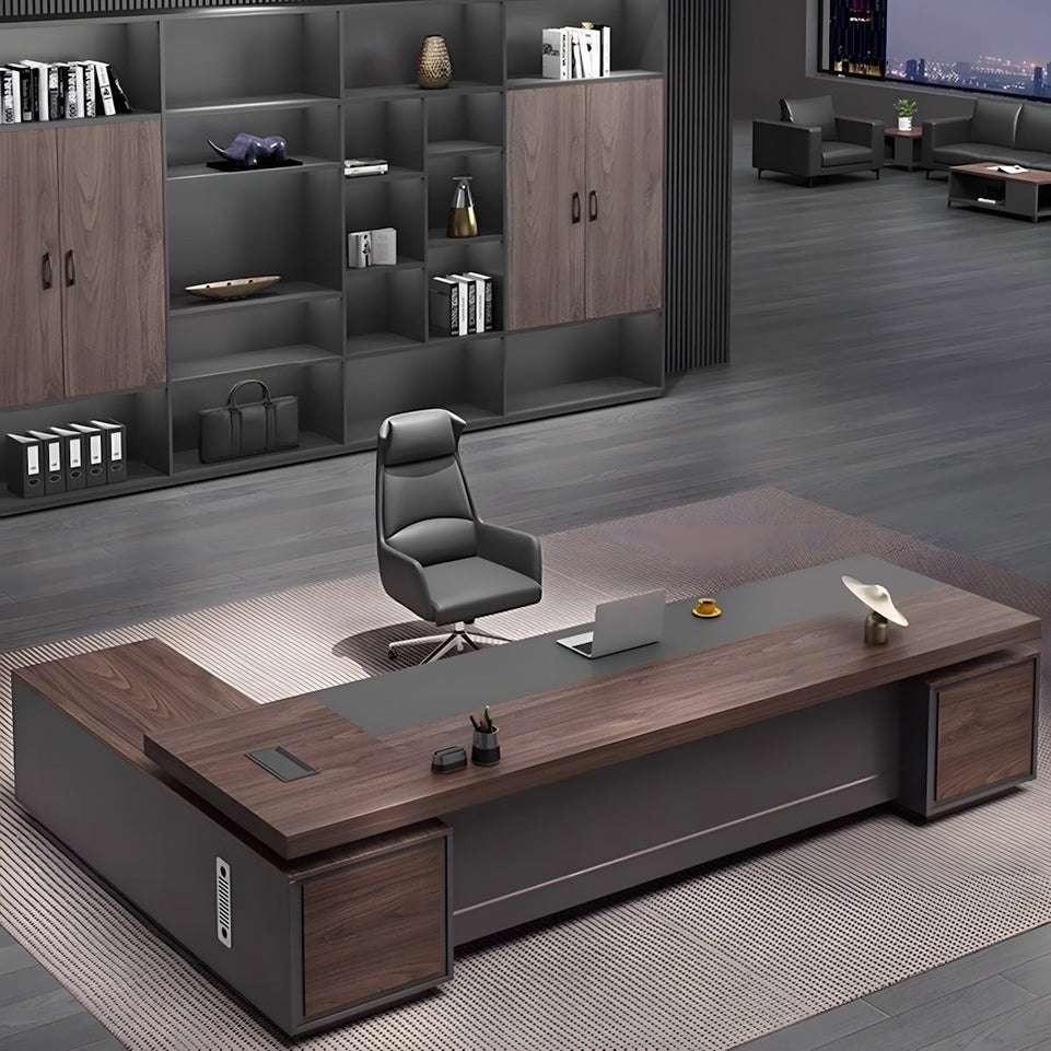 Color-Blocked L-Shaped Executive Desk with Combination Lock and Cabinet for Office LBZ-1027