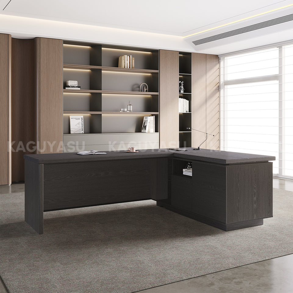 L-Shaped Executive Desk with Built-In Power, Side Storage & Slatted Modesty Panel