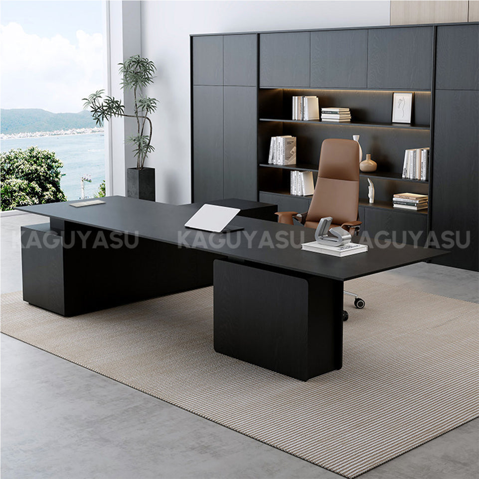 Luxury Electric Executive Desk with Pop-up Power Box, Spacious Lift-top Workspace & Large Storage Cabinet for Modern Offices (110–126")