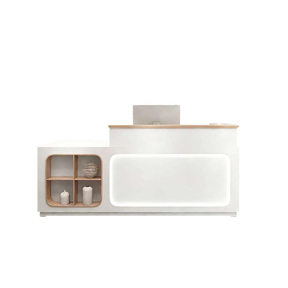 Straight Reception Desk with Small Window Design, LED Lights, Keyboard Tray, and Cabinets for Salons and Clothing Stores JDT-1066