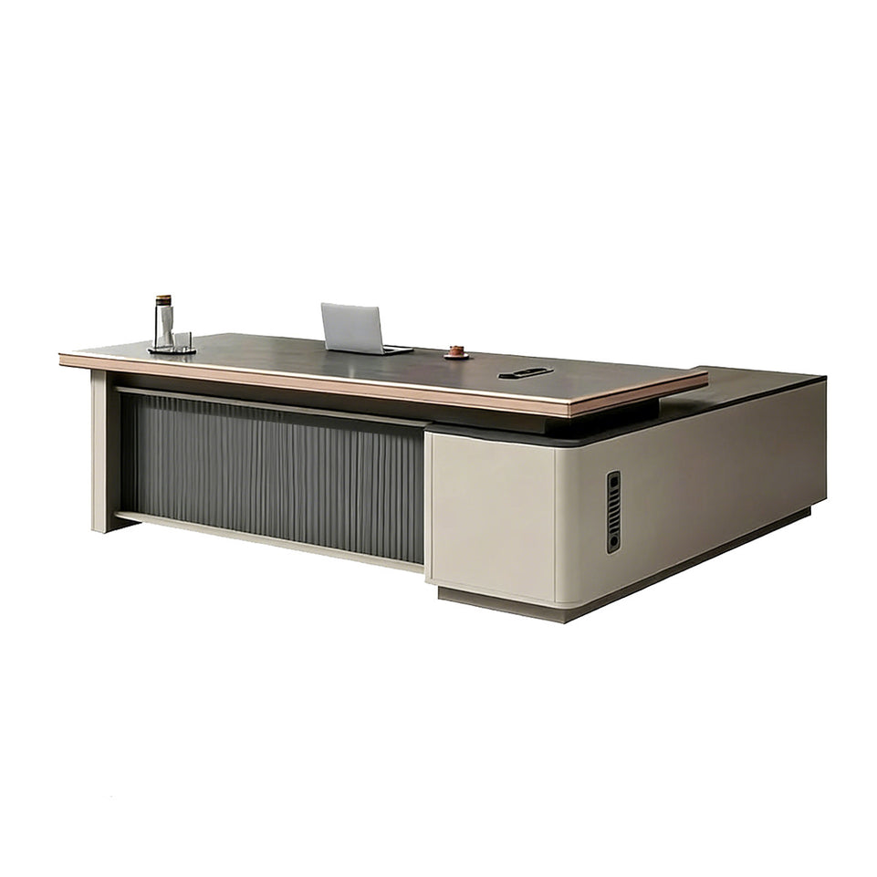Modern Executive Desk with Wireless Charging, Built-In Outlets & Side Storage