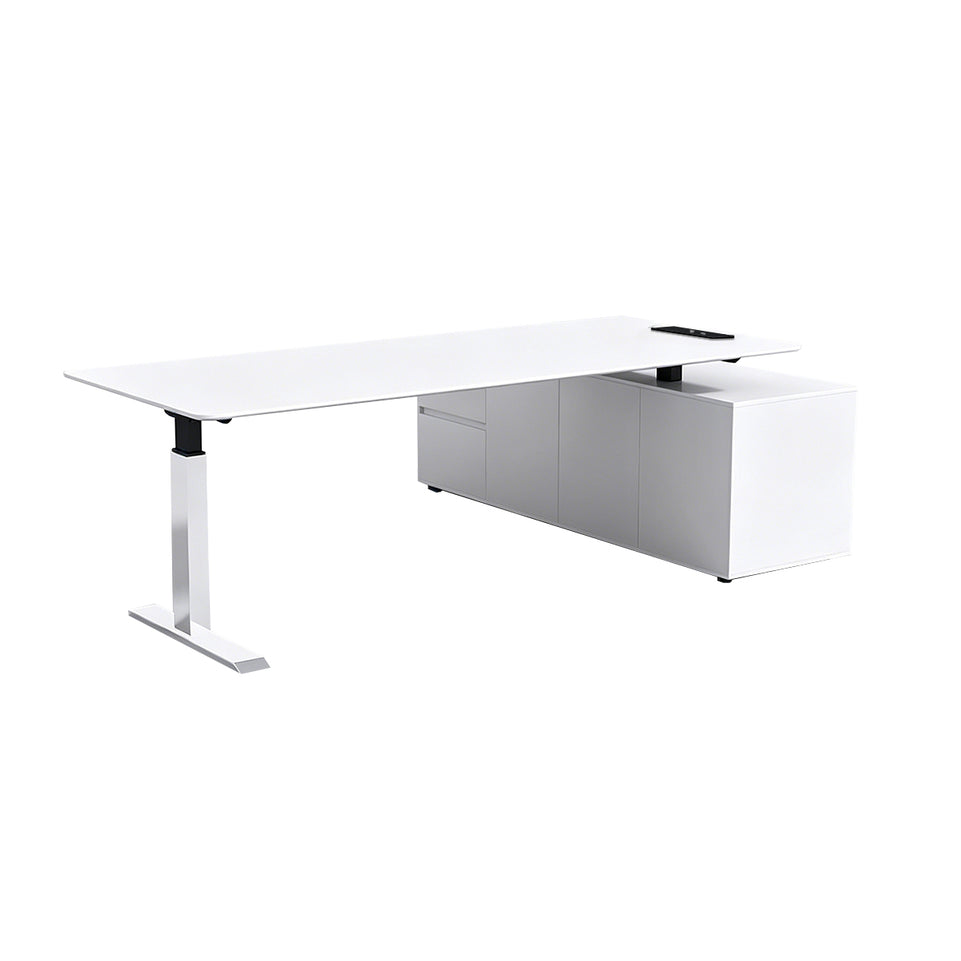 Minimalist Executive Sit-stand Desk with Smart Charging Box, Stainless Steel Leg & Side Storage Cabinet (71–94")