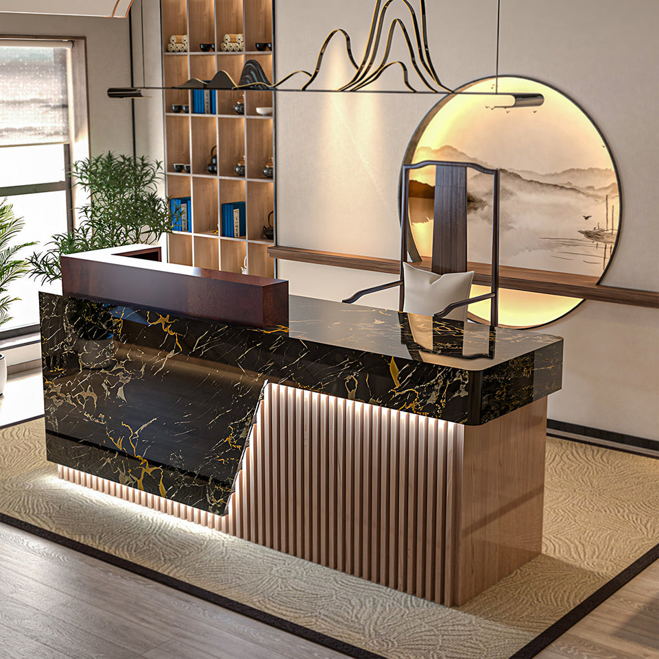 Executive Reception Desk – Black Marble & Fluted Wood with LED Accents JDT-780