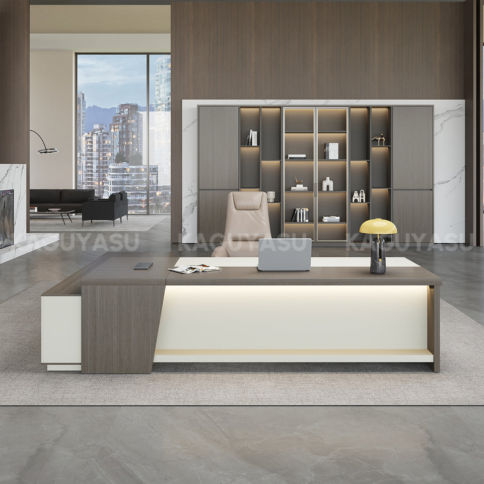 Modern L-Shaped Executive Desk with Large Side Cabinet and LED Lighting LBZ-2142N (In Stock)