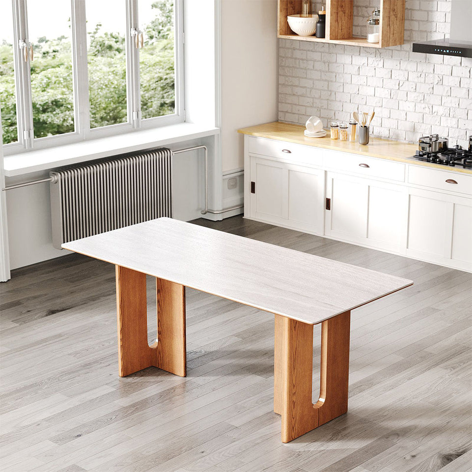 Modern Sintered Stone Dining Table with Thick Double-layer Top & Solid Oak Frame for 4–6 People(Stock Items)