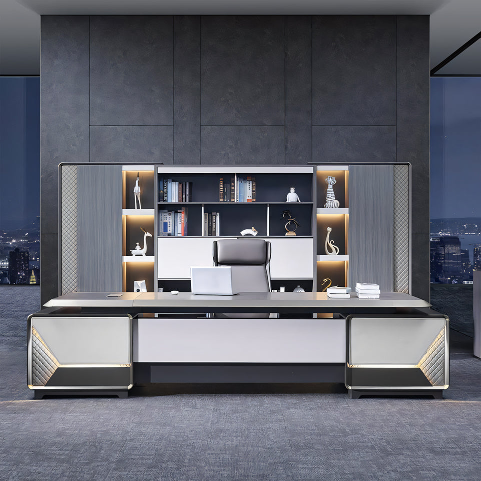 Luxury Modern Executive Desk With Pocket Handle Gray Office Desk with LED Lights Side Cabinet Customizable LBZ-1089