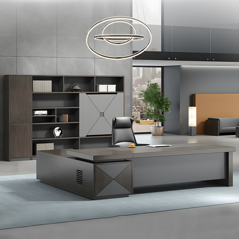 Stylish Ample-Sized Executive Desk Walnut Color L-Shape Corner Desk with Side Cabinet Wiring Box Customizable LBZ-1086