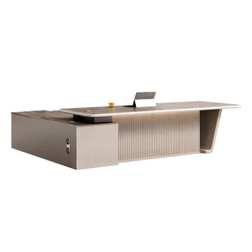 Modern Executive Desk with Built-In Outlets, LED Lighting & Side Storage for Home Office