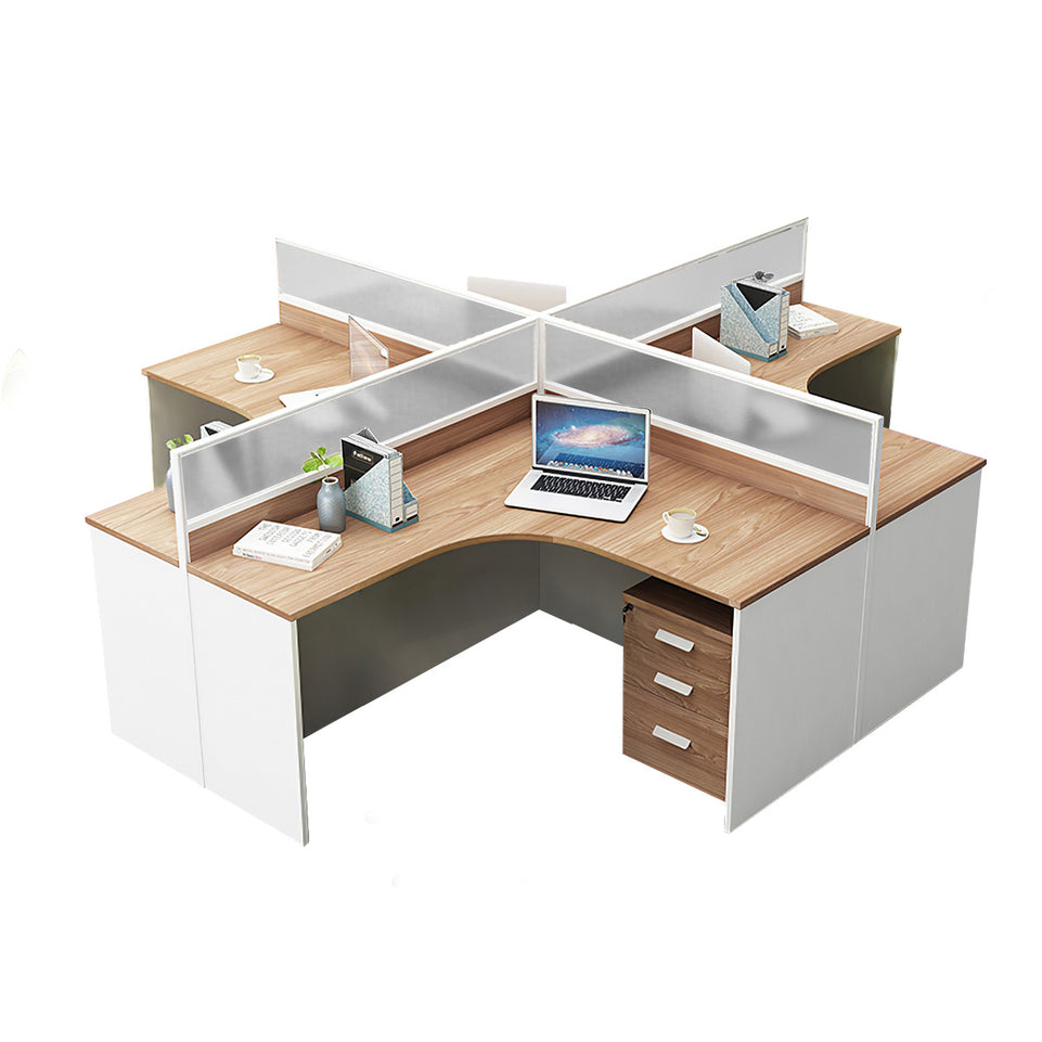 L-Shaped Office Desk with Privacy Panel, Glass Top & File Drawers for Home Office