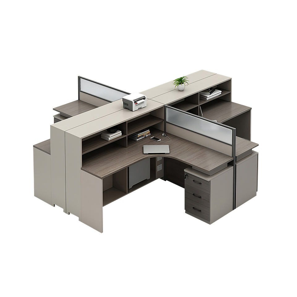 L-Shaped Office Desk with Built-In Outlets, Cable Management & Glass Top for Home Office
