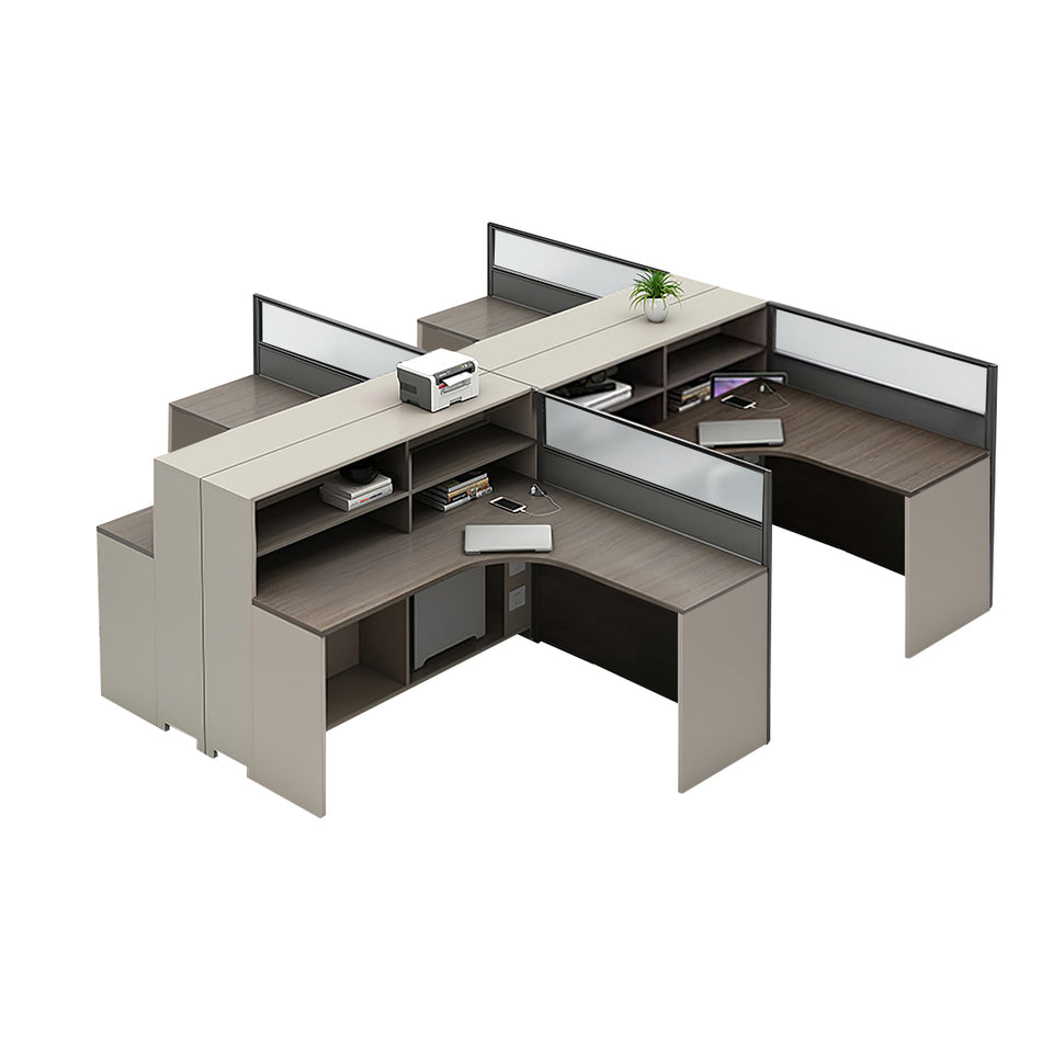 L-Shaped Office Desk with Built-In Outlets, Cable Management & Glass Top for Home Office