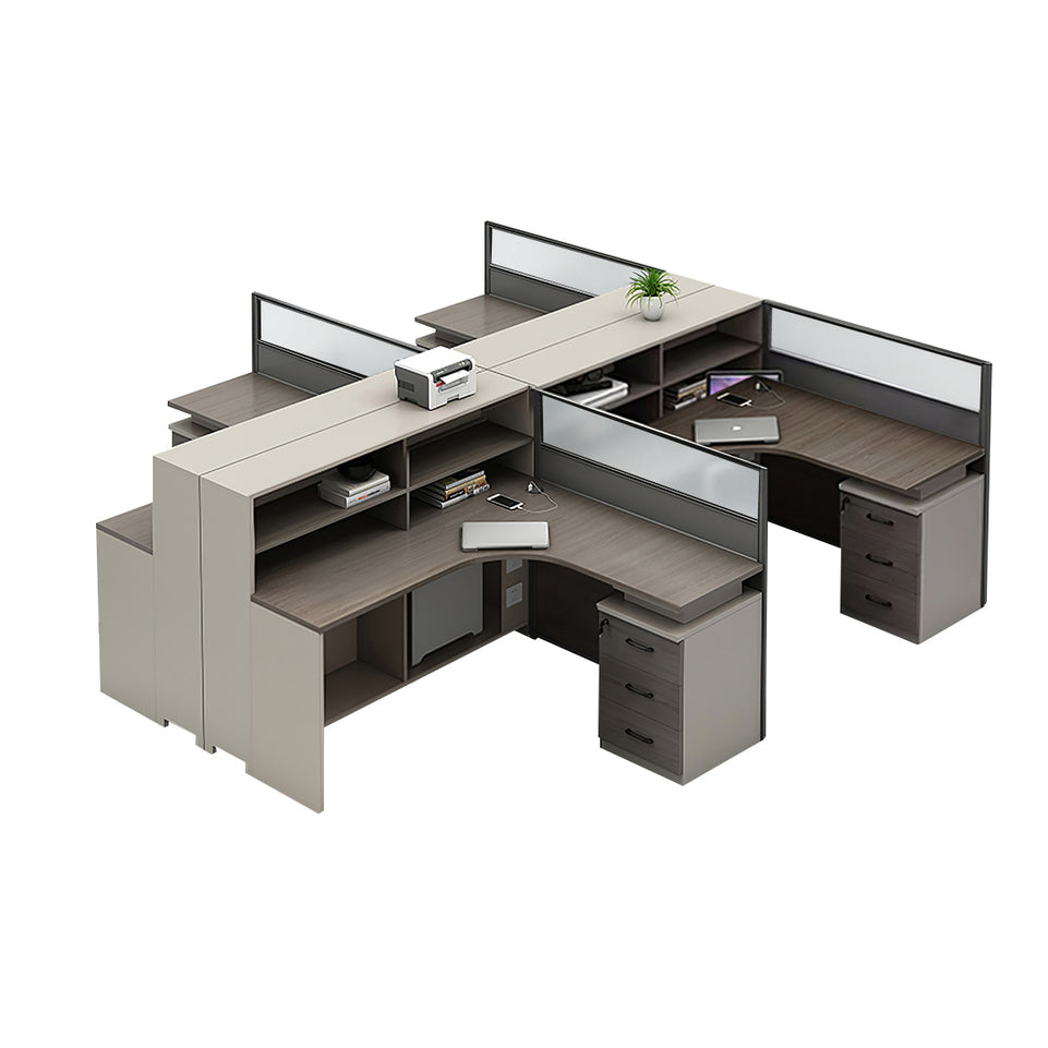 L-Shaped Office Desk with Built-In Outlets, Cable Management & Glass Top for Home Office