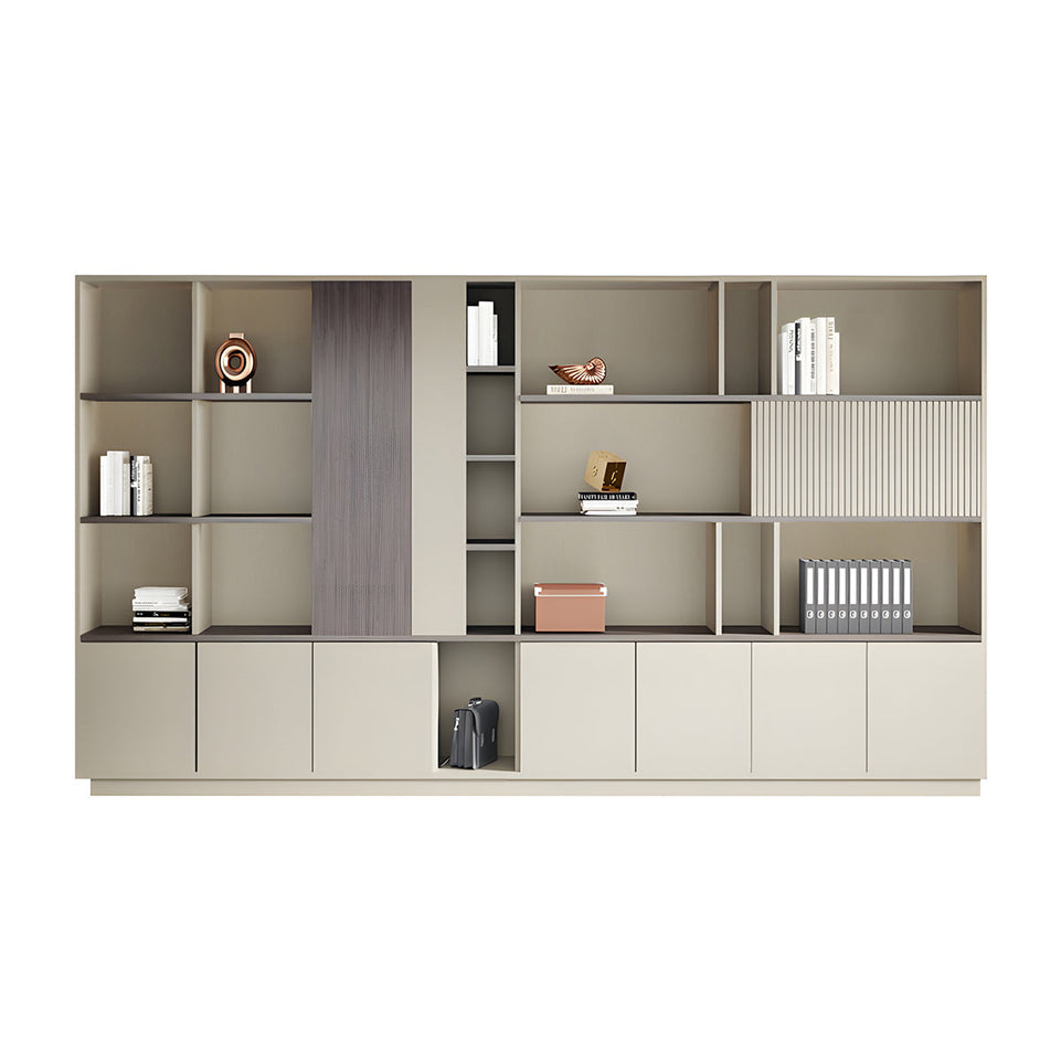 Storage Cabinet, Khaki Without LED Strip, Elegant Storage Cabinet With Soft Lighting Strip and Open Storage finish, L126" x W16" x H79", for office...