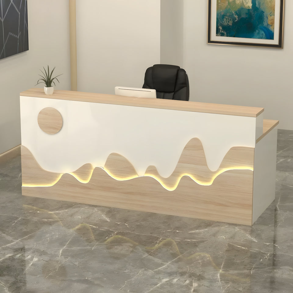 Mountain Pattern Straight Front Desk with Double-Tiered Countertop and Keyboard Tray for Offices and Lobbies JDT-10141