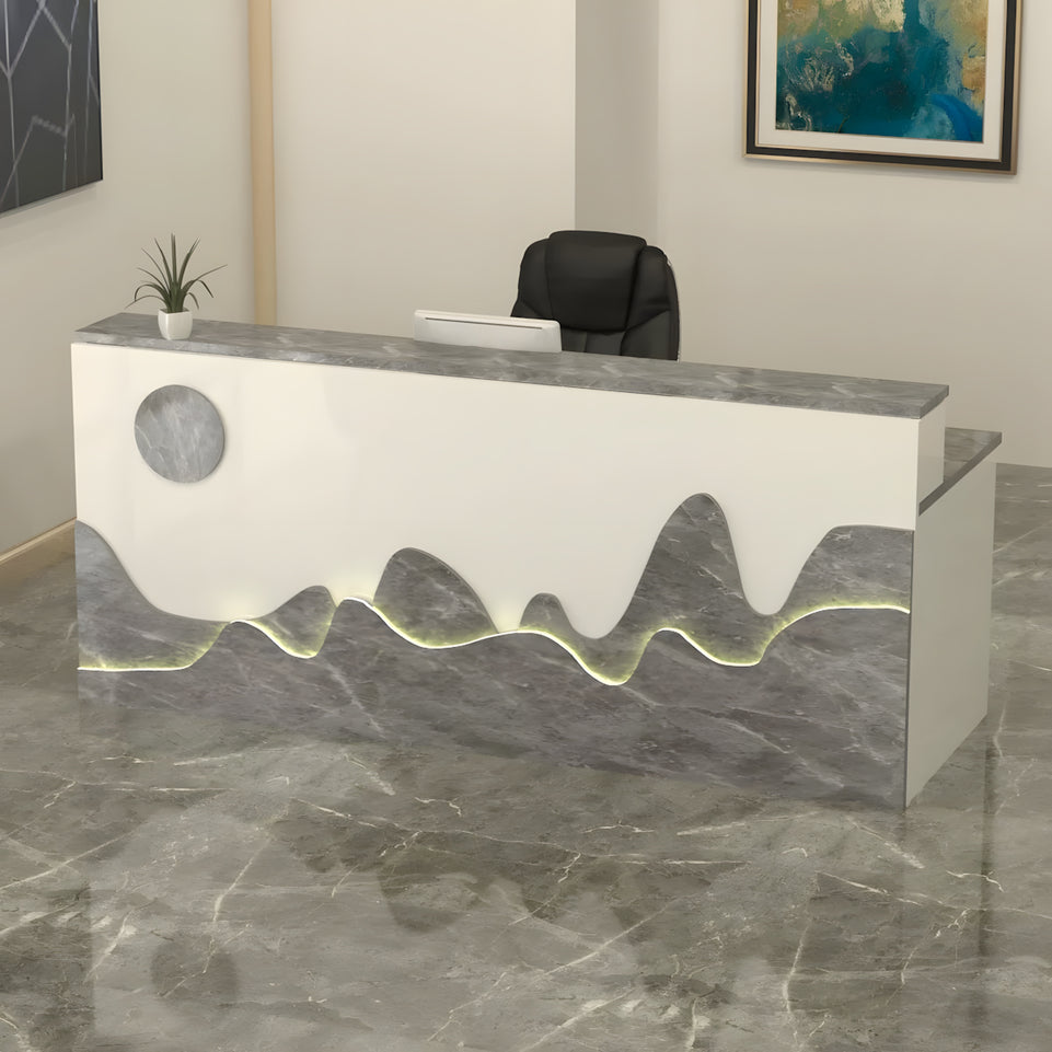 Mountain Pattern Straight Front Desk with Double-Tiered Countertop and Keyboard Tray for Offices and Lobbies JDT-10141