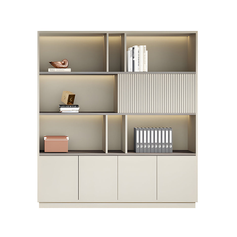 Storage Cabinet, Khaki With LED Strip, Elegant Storage Cabinet With Soft Lighting Strip and Open Storage finish, L63" x W16" x H79", for office storage...