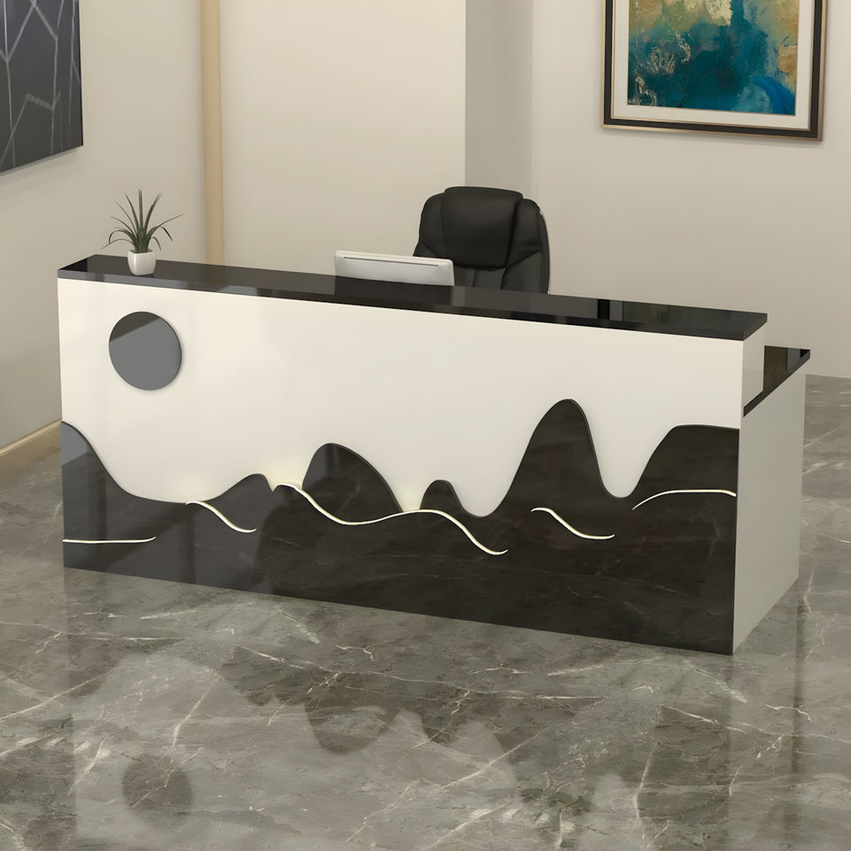 Mountain Pattern Straight Front Desk with Double-Tiered Countertop and Keyboard Tray for Offices and Lobbies JDT-10141