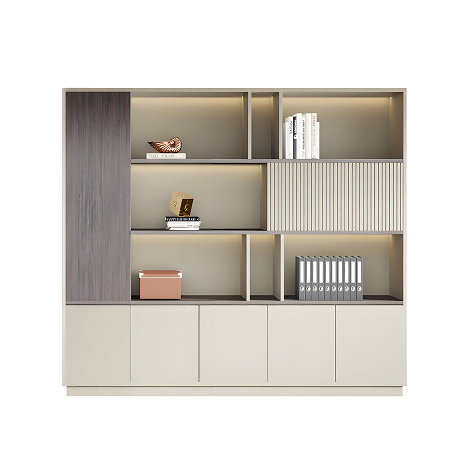 Storage Cabinet, Khaki With LED Strip, Elegant Storage Cabinet With Soft Lighting Strip and Open Storage finish, L79" x W16" x H79", for office storage...