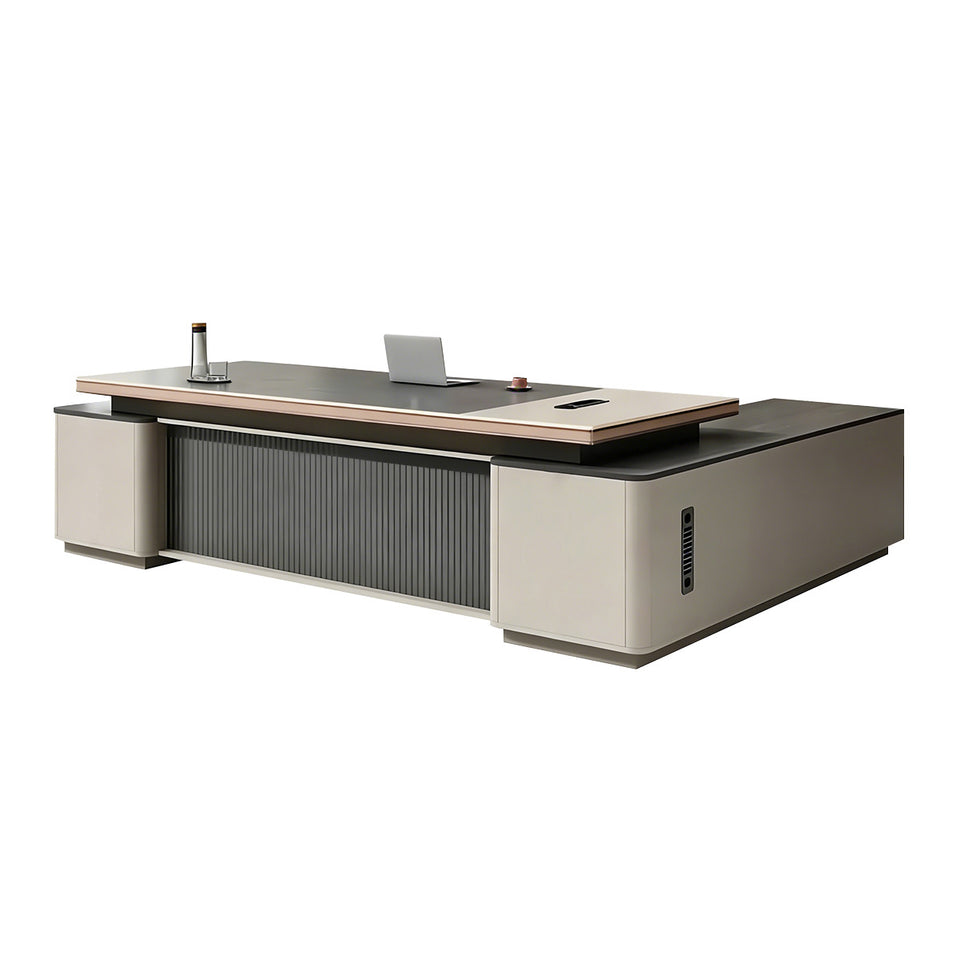 Modern Executive Desk with Wireless Charging, Built-In Outlets & Side Storage