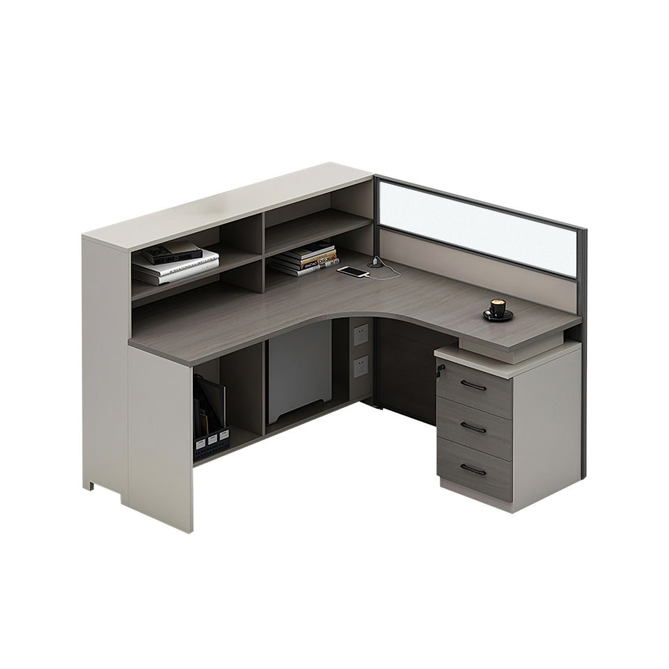 L-Shaped Office Desk with Built-In Outlets, Cable Management & Glass Top for Home Office