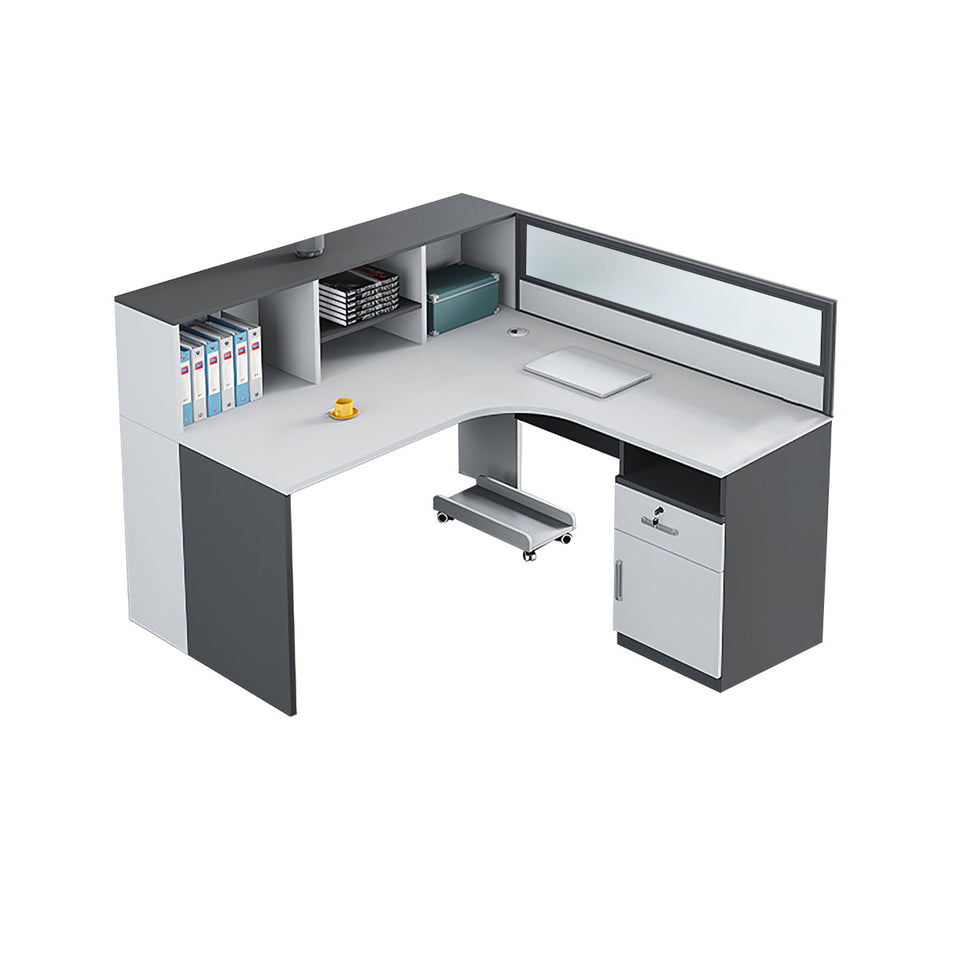 Office Workstation Desk with Privacy Panel, Cable Management & Glass Top for Home Office