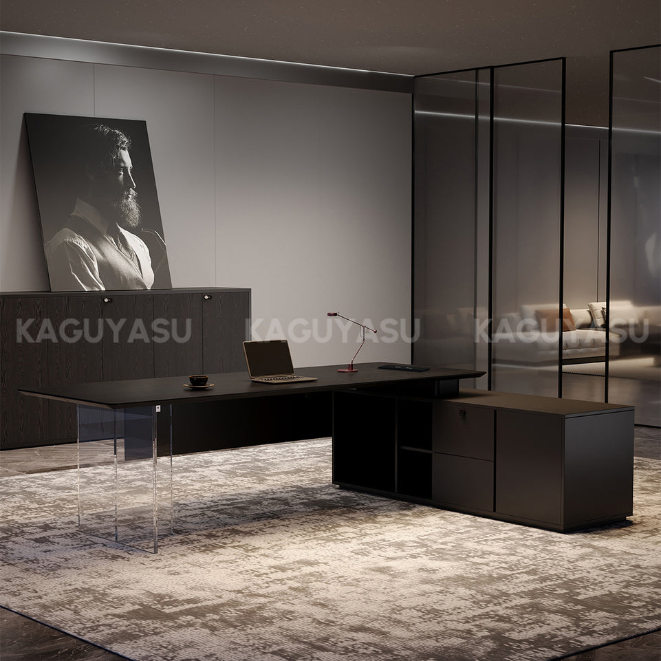 Luxury Contemporary Executive Desk with Smart Power Outlet, Diamond-cut Thick Top & Large Storage Cabinet for Modern Offices (55–87")