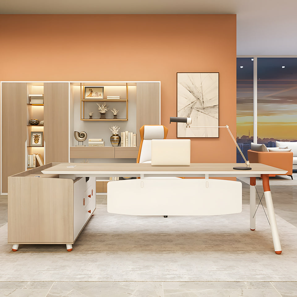 Modern and Stylish Executive Desk with Skirt Panel and Side Cabinet of Natural Finish LBZ-10195