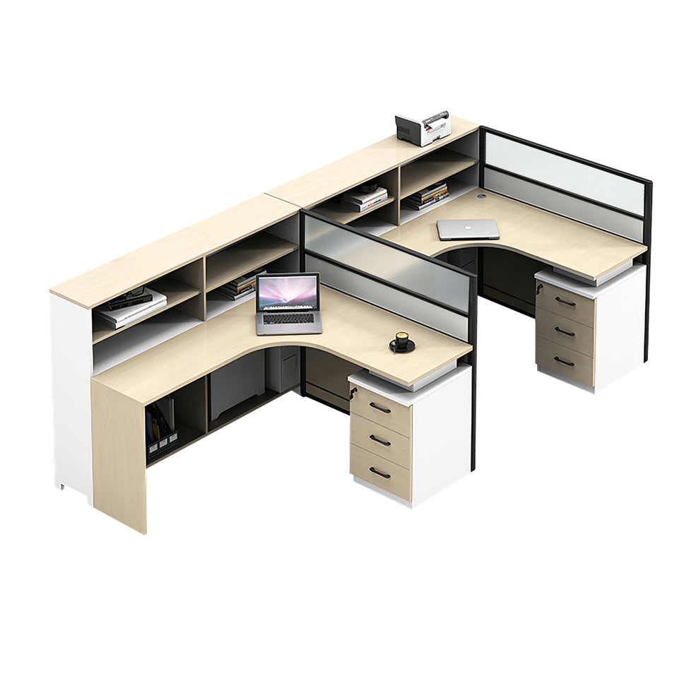 L-Shaped Office Desk with Built-In Outlets, Cable Management & Glass Top for Home Office