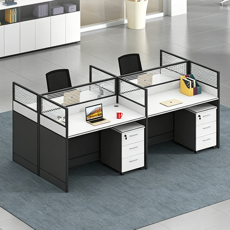 Modern Office Desk with 1" Thick Desktop, Frosted Privacy Panel, Integrated Cable Management & Mobile Storage Cabinet for Professional Workspaces