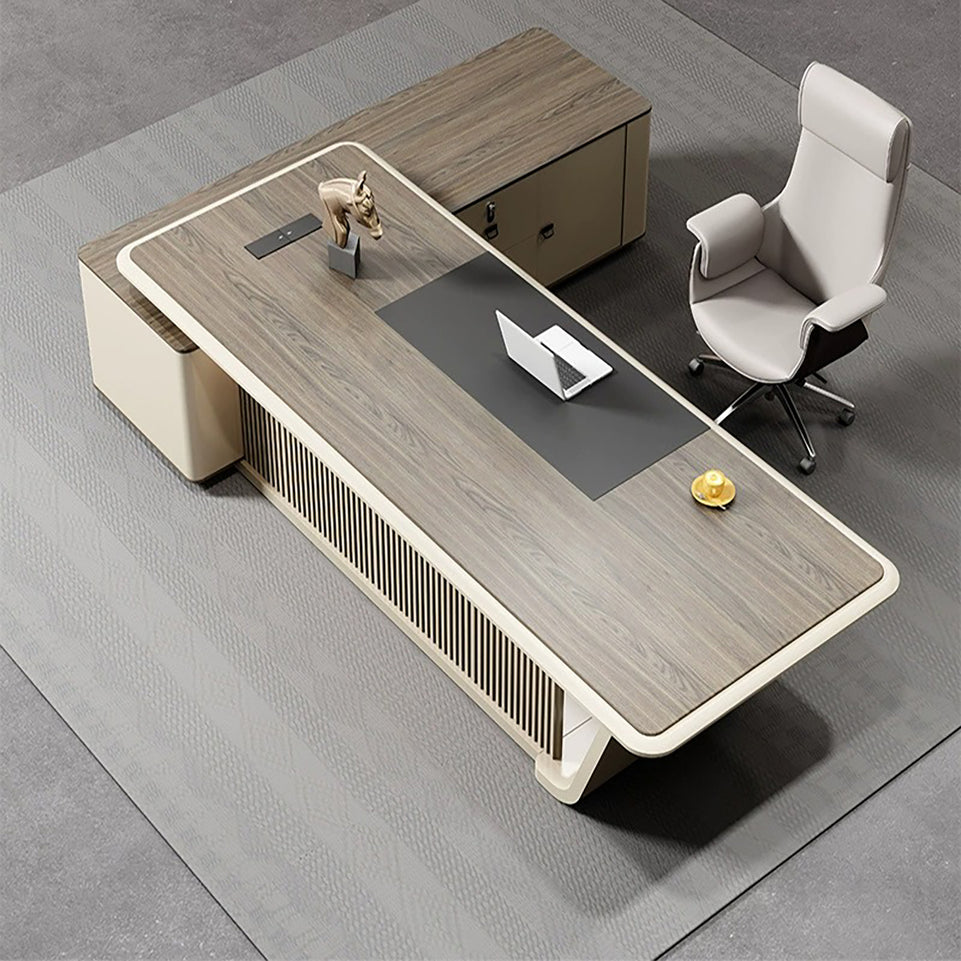 Luxury Executive Desk With Boat-Shaped Edge Modern Office Furniture L-Shape Corner Desk with Side Cabinet Dial Lock Customizable LBZ-10105