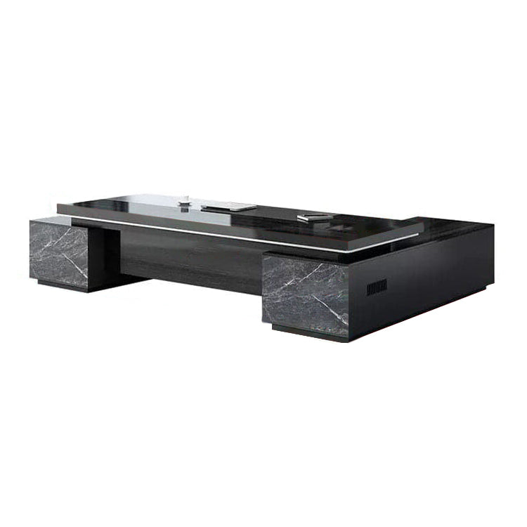 Luxury Black Marble Texture Executive Desk Computer Desk with Side Cabinet Wiring Holes L-Shape Corner Desk LBZ-1074