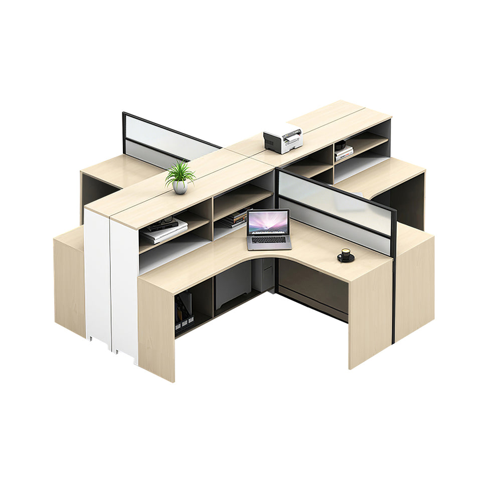 L-Shaped Office Desk with Built-In Outlets, Cable Management & Glass Top for Home Office