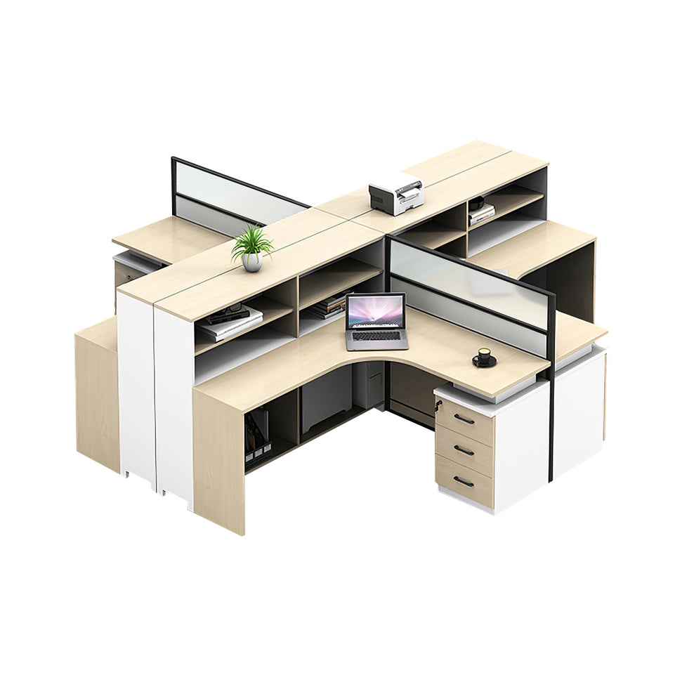 L-Shaped Office Desk with Built-In Outlets, Cable Management & Glass Top for Home Office