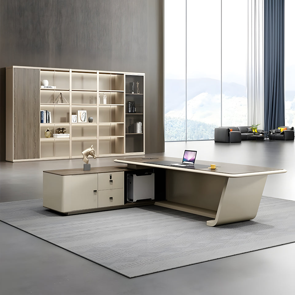 Luxury Executive Desk With Boat-Shaped Edge Modern Office Furniture L-Shape Corner Desk with Side Cabinet Dial Lock Customizable LBZ-10105