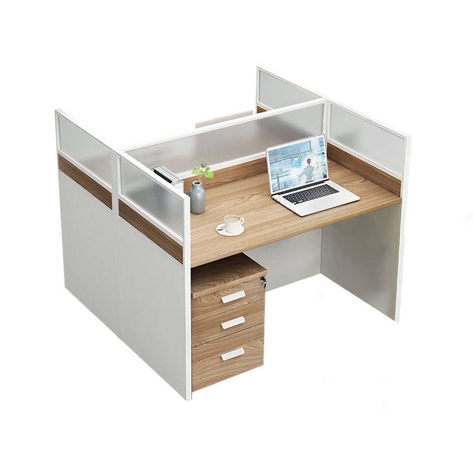 L-Shaped Office Desk with Privacy Panel, Glass Top & File Drawers for Home Office