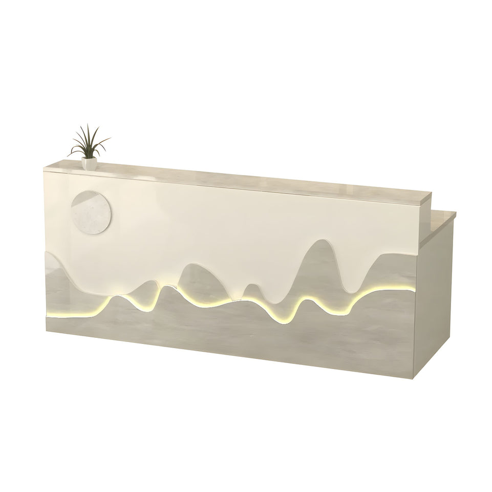 Mountain Pattern Straight Front Desk with Double-Tiered Countertop and Keyboard Tray for Offices and Lobbies JDT-10141